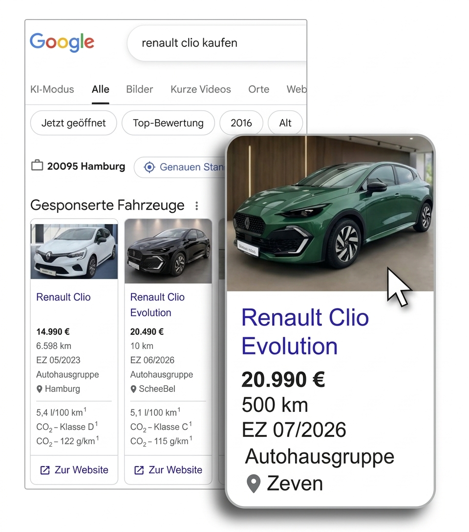 Google Vehicle Ads in der Google-Suche: Fahrzeuge mit Bild, Preis, Kilometerstand und Standort