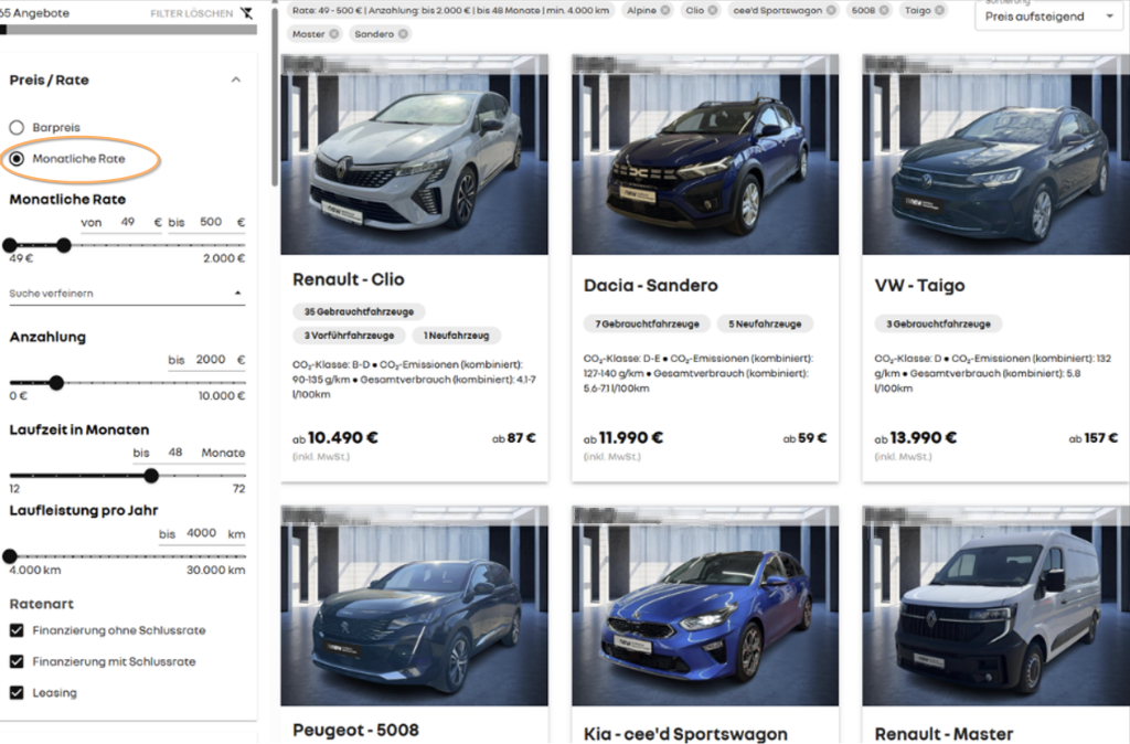 CarLiner-Showroom mit Fahrzeugliste und Filter für die monatliche Rate